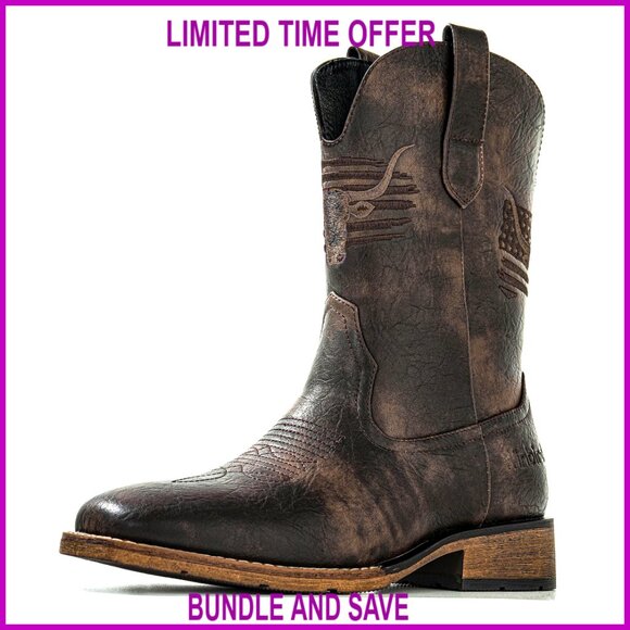 Men's Square Toe Cowboy Boots Vegan Leather Slip Resistant Pull On